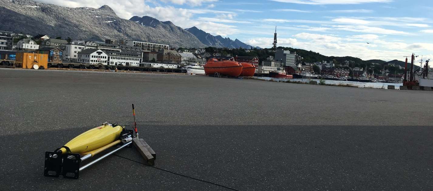 A Seaglider on a stand at the dockside, ready for self-test