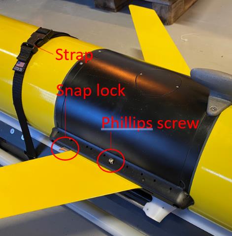 Wing strap, snap lock, and Phillips screw labeled on the payload bay